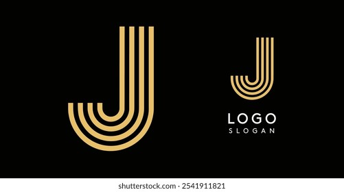 Letra geométrica dorada J con líneas concéntricas sobre fondo negro. Elegante y sofisticado diseño de logotipo. Logotipo de lujo, modernidad, elegancia para una marca premium, identidad corporativa. Ilustración vectorial.