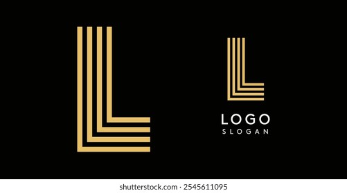 Geometric golden letter L with concentric lines on black background. Sleek sophisticated logo design. Luxury, modernity, elegance logotype for premium branding, corporate identity.Vector illustration.