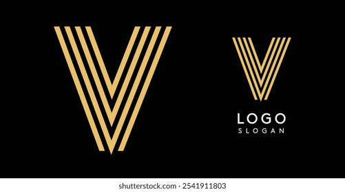 Geometric golden letter V made of parallel lines, sleek, modern logo design. Luxury sophistication modernity logotype for high-end branding. Vector illustration.