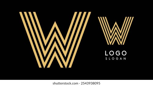 Geometric golden letter W made of parallel lines forming a bold and modern design on a black background. Evokes luxury, elegance, and sophistication. Ideal for premium branding. Vector illustration.