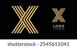 Geometric golden letter X with concentric lines on black background. Sleek sophisticated logo design. Luxury, modernity, elegance logotype for premium branding, corporate identity.Vector illustration.