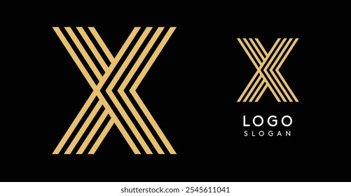 Letra dourada geométrica X com linhas concêntricas sobre fundo preto. Design de logotipo sofisticado e elegante. Luxo, modernidade, elegância logotipo para marca premium, identidade corporativa.Ilustração vetor.