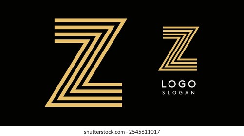 Letra Z dorada geométrica con líneas concéntricas sobre fondo negro. Elegante y sofisticado diseño de logotipo. Logotipo de lujo, modernidad, elegancia para una marca premium, identidad corporativa. Ilustración vectorial.