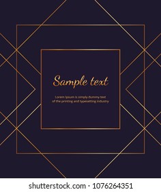 Geometric golden lines on the dark blue background. Modern minimalist luxury placard, frame design. Template for invitation, card, social media, wedding, banner, poster, party, flyer
