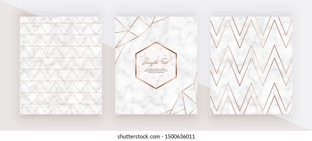 Geometric golden lines on the marble texture. Cover design with marble frames, golden chevron lines. Template for wedding invitation, blog posts, banner, card, save the date, poster, flyer	
