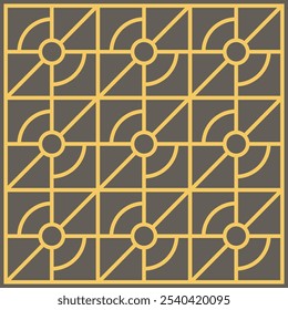 Geometric golden ornament grid on gray background. Seamless fine abstract pattern, 