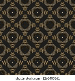 Geometric golden ornament. Seamless pattern on black background.