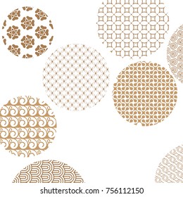 Geometric golden patterns formed circles on white with clipping mask. Gold abstract shapes. Asian style ornaments. Graphic design for cover,poster, card, template Geometric golden patterns formed circles on white with clipping mask. Gold abstract shapes. Asian style ornaments. Graphic design for cover,poster, card, template