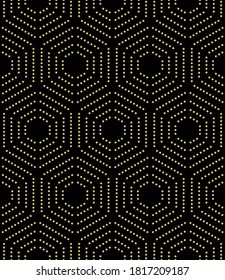 Ornamento vectorial repetitivo geométrico dorado con elementos punteados hexagonales. Ornamento moderno con puntos geométricos. Patrón moderno abstracto sin inconvenientes