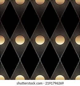 Geometric golden seamless art deco pattern with rhombus. Vector illustration
