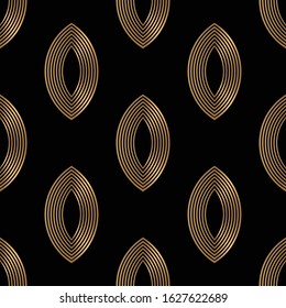 Geometric golden seamless pattern on black background. Art deco style.