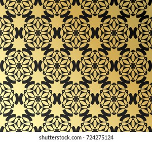 Geometric golden seamless pattern on black background, flower of life shapes, vector.