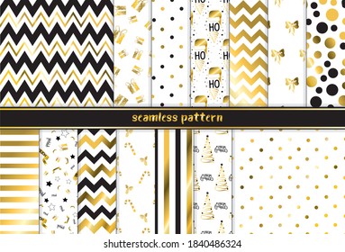 Geometric golden seamless pattern set. Stripes, polka dot, diagonal strokes, chevron universal basic background. Shining luxury glamour vector illustration