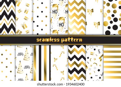 Geometric golden seamless pattern set. Stripes, polka dot, diagonal strokes, chevron universal basic background vector illustration
