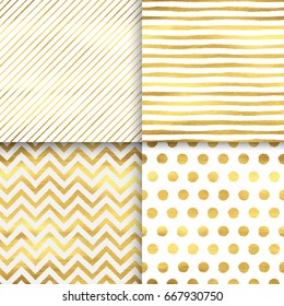 Geometric golden seamless pattern set. Stripes, polka dot, diagonal strokes, chevron universal basic background. Shining luxury glamour vector illustration