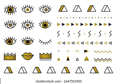 Formas geométricas doradas establecidas en el estilo de los años 80. Elementos gráficos vectoriales Memphis sobre fondo blanco para etiquetas de tatuajes. El conjunto incluye triángulo, ojos, labios, corona, borde en diseño de línea.