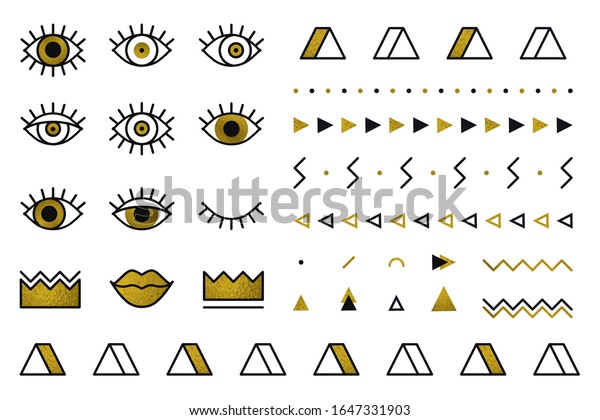Geometric golden\
shapes set in 80s style. Memphis vector graphic elements on white\
background for tattoo  stickers. Set includes triangle, eyes, lips,\
crown, border in line\
design.
