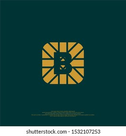 geometric golden square with line pattern B logotype isolated on dark green vector illustration design concept