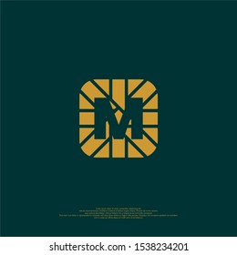 geometric golden square with line pattern M logotype isolated on dark green vector illustration design concept