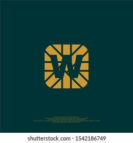 geometric golden square with line pattern W logotype isolated on dark green vector illustration design concept