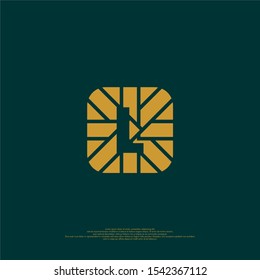 geometric golden square with line pattern L logotype isolated on dark green vector illustration design concept