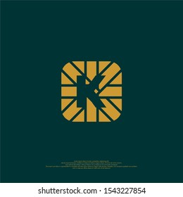 geometric golden square with line pattern K logotype isolated on dark green vector illustration design concept