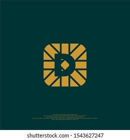 geometric golden square with line pattern D logotype isolated on dark green vector illustration design concept