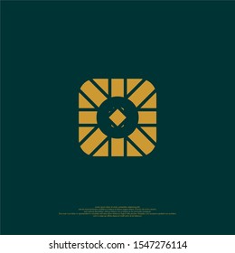 geometric golden square with line pattern O logotype isolated on dark green vector illustration design concept