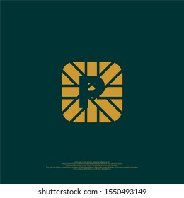 geometric golden square with line pattern P logotype isolated on dark green vector illustration design concept