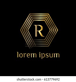 Geometric golden vector logo design template. Letter R luxury monogram. Linear hexagonal frame