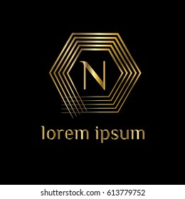 Geometric golden vector logo design template. Letter N luxury monogram. Linear hexagonal frame