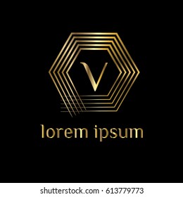 Geometric golden vector logo design template. Letter V luxury monogram. Linear hexagonal frame