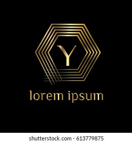 Geometric golden vector logo design template. Letter Y luxury monogram. Linear hexagonal frame