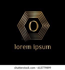 Geometric golden vector logo design template. Letter O luxury monogram. Linear hexagonal frame