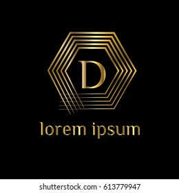 Geometric golden vector logo design template. Letter D luxury monogram. Linear hexagonal frame