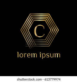 Geometric golden vector logo design template. Letter C luxury monogram. Linear hexagonal frame
