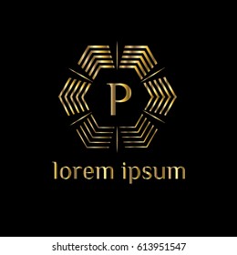 Geometric golden vector logo. Letter P monogram
