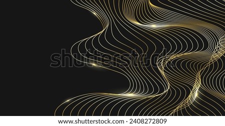 Geometric Golden Wave Lines Pattern On Black Background. Minimal Wallpaper. Banner. Frame. Vector Illustration. Technology. Digital