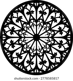 Geometric Gothic Design: Intricate pattern of an architectural rose window with symmetrical design and repetitive motifs, evoking a sense of artistic beauty and historical significance.