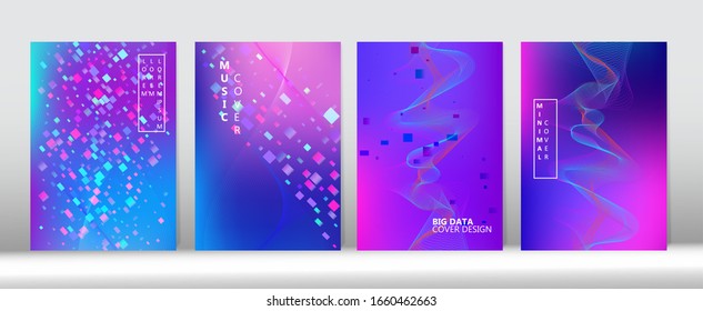 Geometric Gradient Overlay. 3D Flow Shapes Trendy Cover Design. Minimal Covers Set. Big Data Neon Tech Background. Blue Pink Purple Punk Vector Cover Layout. Grunge Computing Music Wallpaper