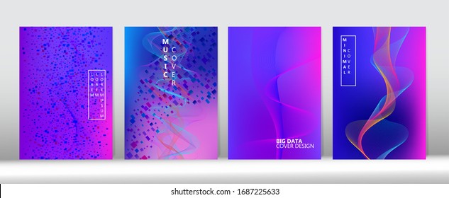 Geometric Gradient Overlay. 3D Flow Shapes Music Cover Layout. Trendy Covers Set. Blue Purple Pink Digital Vector Cover Design. Big Data Tech Neon Magazine. Abstract Equalizer Music Background