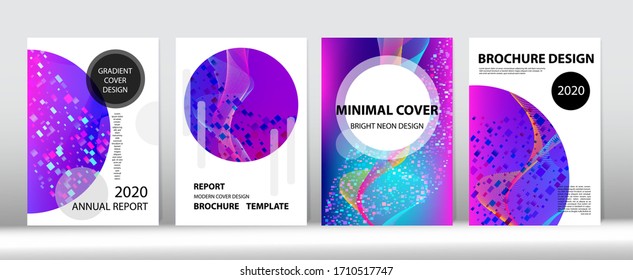 Geometric Gradient Overlay. 3D Liquid Shapes Modern Cover Template. Trendy Covers Set. Abstract Equalizer Music Wallpaper Big Data Tech Neon Background. Blue Purple Pink Digital Vector Cover Design.