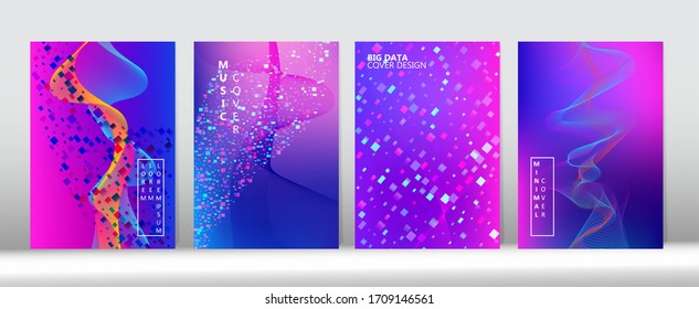 Geometric Gradient Overlay. Big Data Tech Neon Magazine. 3D Liquid Shapes Music Cover Design. Funky Futuristic Music Wallpaper Trendy Covers Set. Blue Purple Pink Punk Vector Cover Layout.