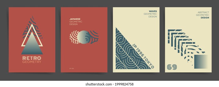 Geometric gradient poster design template set. Modern minimal design with circles, square, triangle and wavy lines in hi tech retro style. Vector backdrop for poster, brochure, cover identity, web art