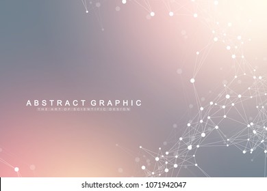 Geometric graphic background artificial intelligence. Turbulence flow trail. Futuristic science and technology background. Big data visualization complex with compounds. Cybernetics illustration.