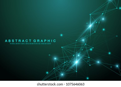 Geometric graphic background artificial intelligence. Turbulence flow trail. Futuristic science and technology background. Big data visualization complex with compounds. Cybernetics illustration.