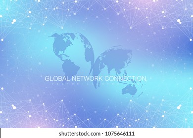 Geometric graphic background artificial intelligence. Turbulence flow trail. Futuristic science and technology background. Big data visualization complex with compounds. Cybernetics illustration.