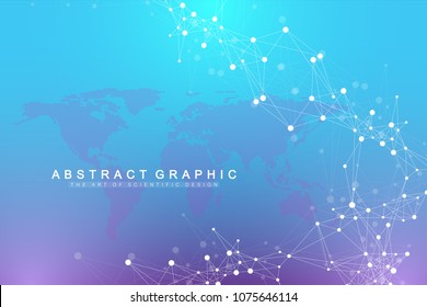 Geometric graphic background artificial intelligence. Turbulence flow trail. Futuristic science and technology background. Big data visualization complex with compounds. Cybernetics illustration.