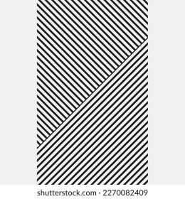 Geometric graphic background with black slanted lines in center of poster. Two striped trapeziums in contact with their sides. Hatching of each trapezoid with oblique lines. Copyspace left and right.