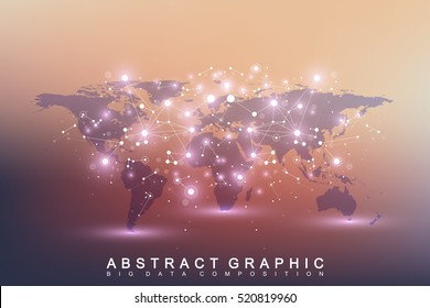 Geometric graphic background communication. Big data complex with compounds. Perspective backdrop with World Map. Minimal array Big data. Digital data visualization. Scientific vector illustration